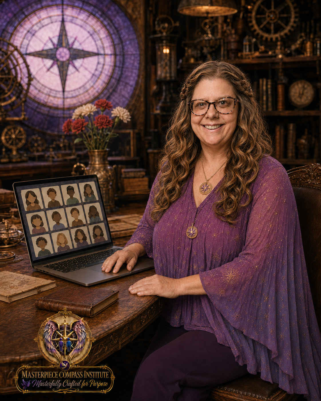 Rev. Barbara Bacic, Founding Steward and Chief Visionary Officer, seated in the Grand Artificer’s Workshop™ beside her laptop