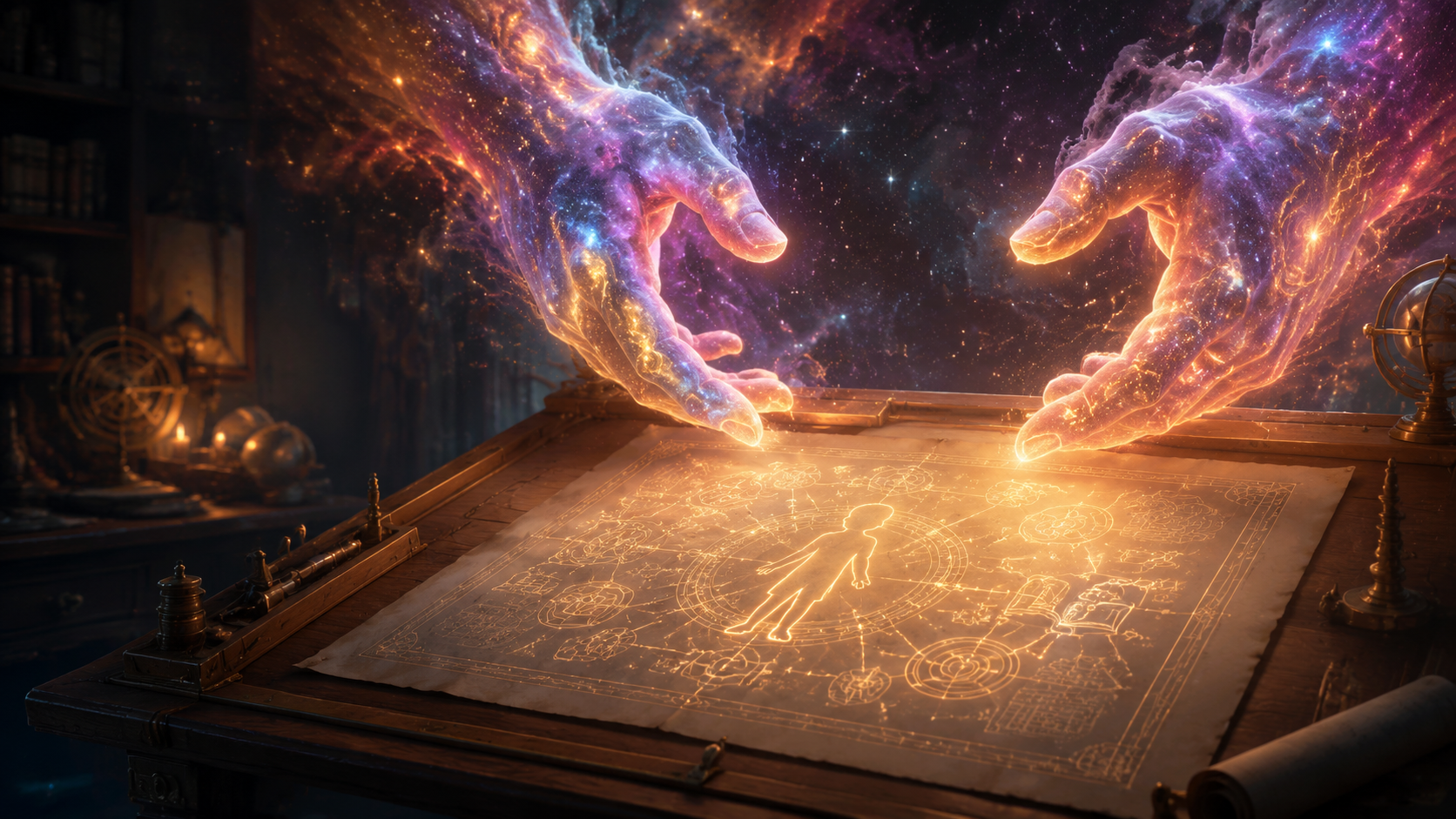 The Cosmic Hands of the Grand Artificer illuminating an individualized Masterpiece Blueprint around a child