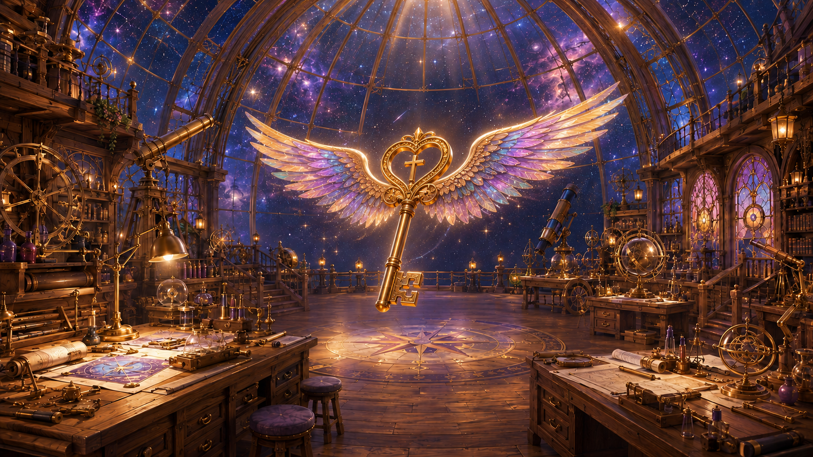 The winged Masterpiece Key, with a cross inside its heart-shaped bow, flying toward the divine and whimsical Grand Artificer’s Workshop™ Observatory in Poiema
