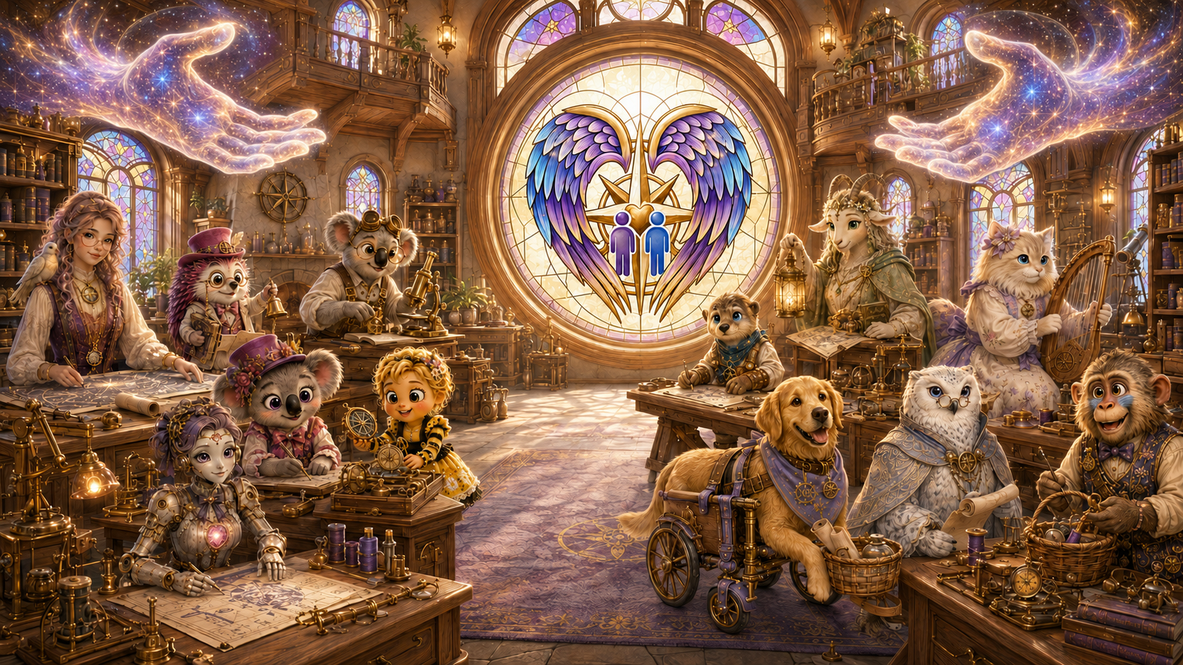 All twelve members of Poiema’s XII-Core-Crew working together in the Grand Artificer’s Workshop™ beneath the Cosmic Hands, with the stained-glass MCI logo unobstructed