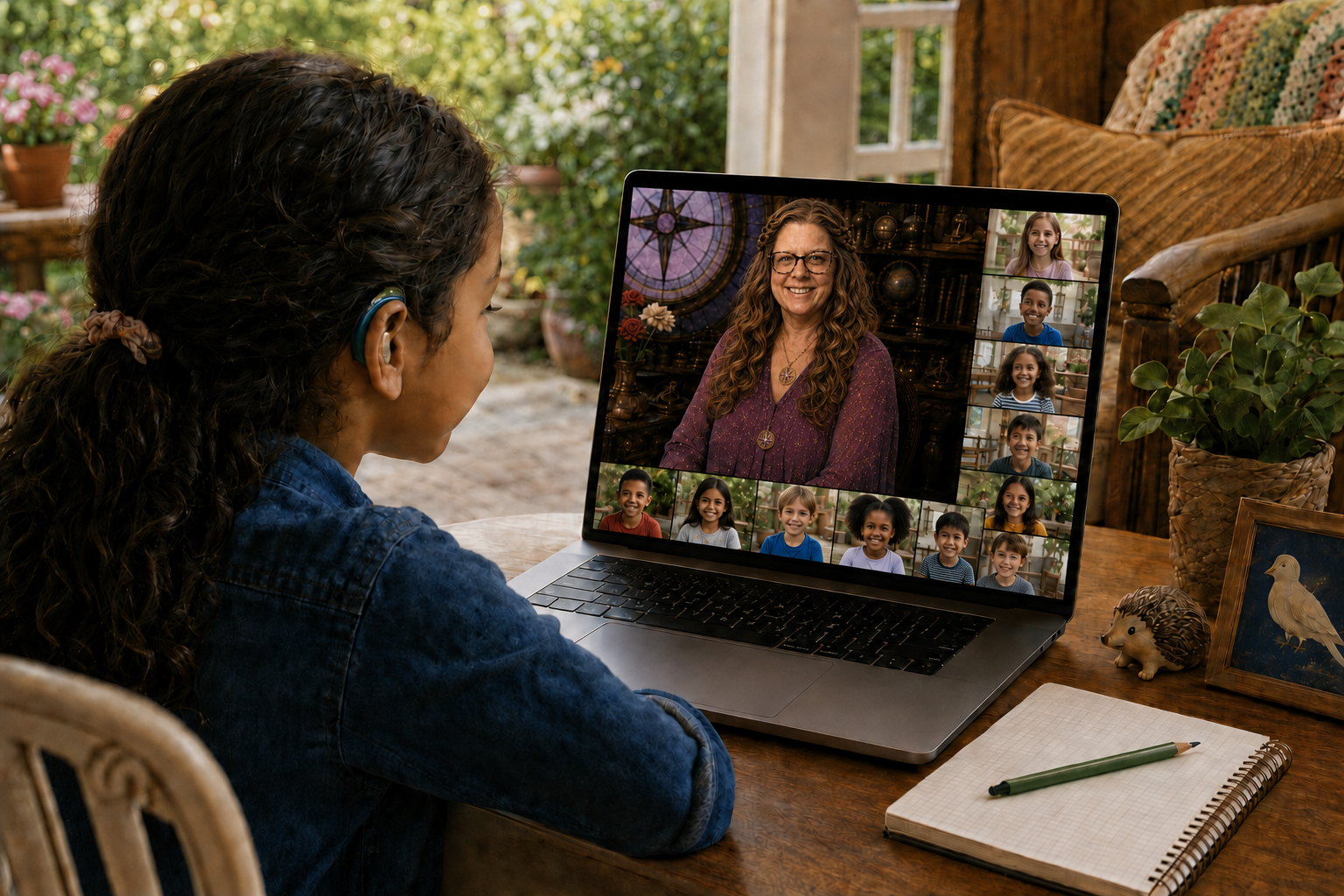 One child with a hearing aid joins from a welcoming home learning space while eleven other multiracial, multi-age children appear in separate virtual-class squares and Rev. Barbara Bacic teaches from the Grand Artificer’s Workshop™